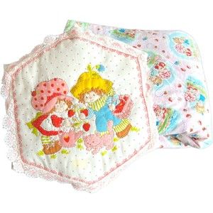 Vtg Strawberry Shortcake Pink Homemade Baby Quilt Security Blanket and Pillow